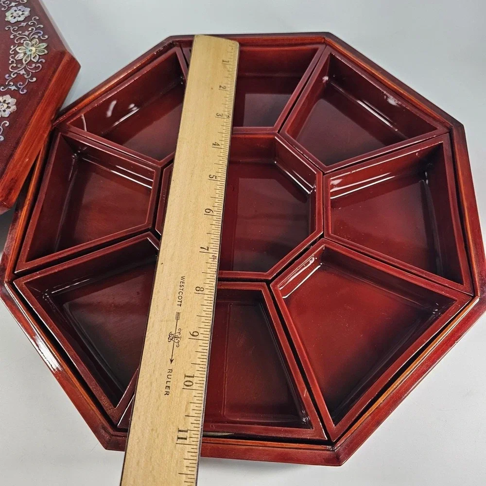 Antique China Mother of Pearl Inlay Lacquer Wooden Octagon Jewelry Bento Box